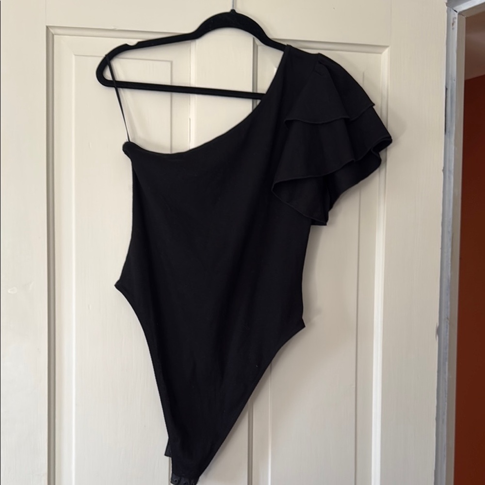 Black One-Shoulder Bodysuit with Ruffle Sleeve
